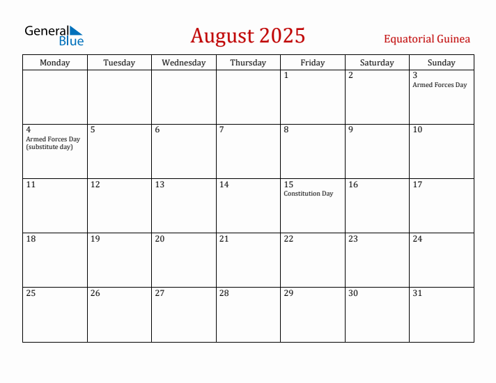 Equatorial Guinea August 2025 Calendar - Monday Start