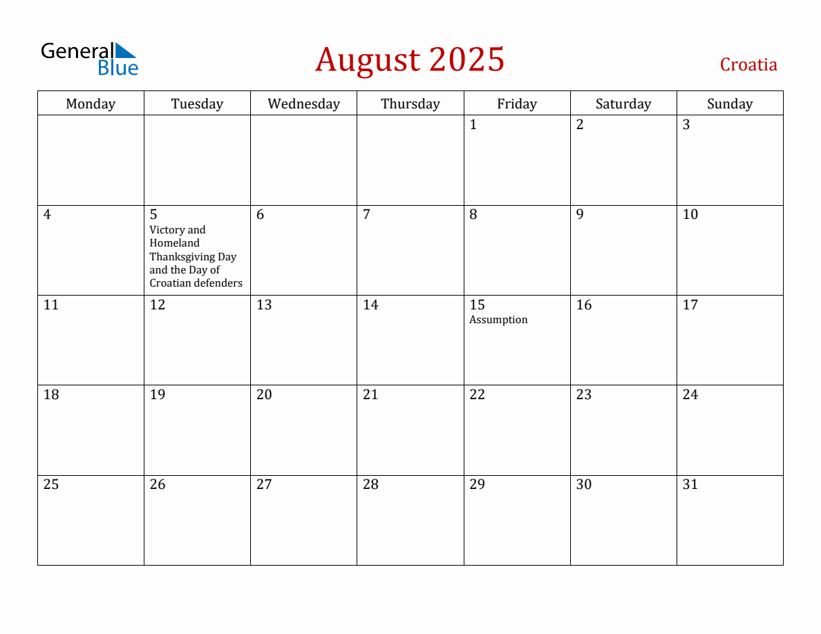 August 2025 Croatia Monthly Calendar with Holidays