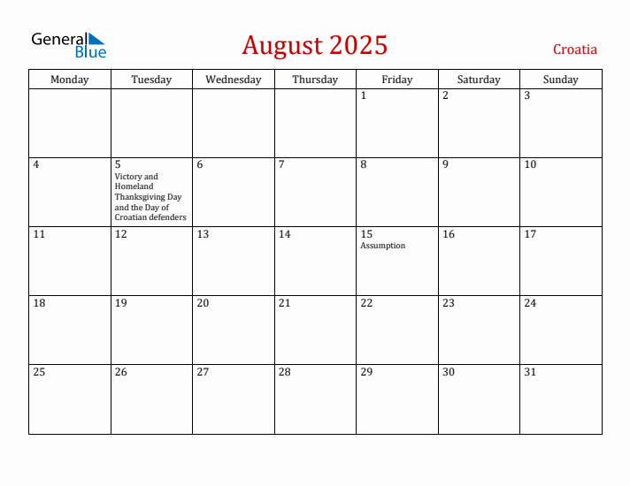 Croatia August 2025 Calendar - Monday Start