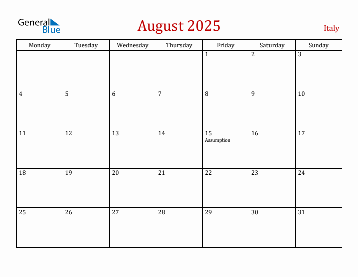 Italy August 2025 Calendar - Monday Start