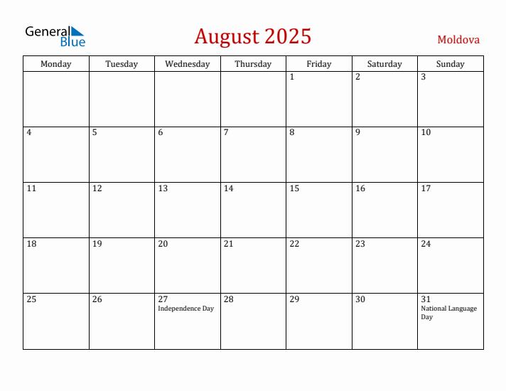 Moldova August 2025 Calendar - Monday Start
