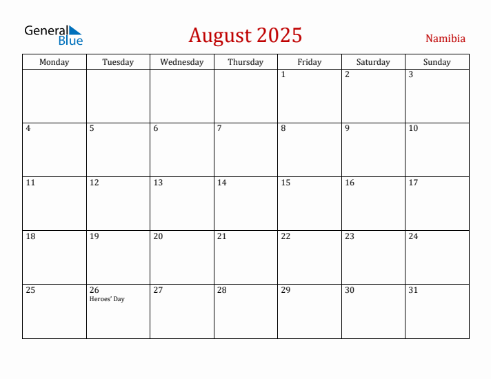 Namibia August 2025 Calendar - Monday Start