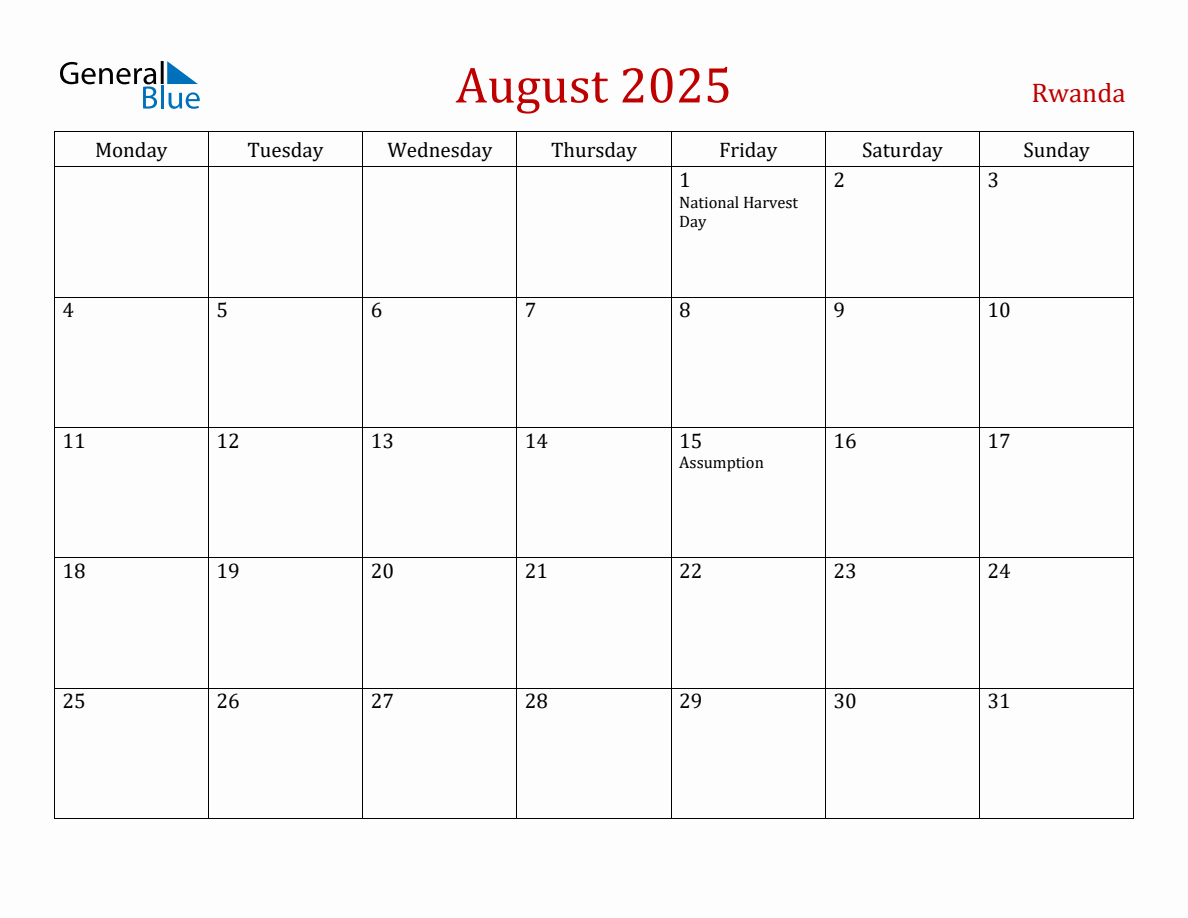 August 2025 Rwanda Monthly Calendar with Holidays