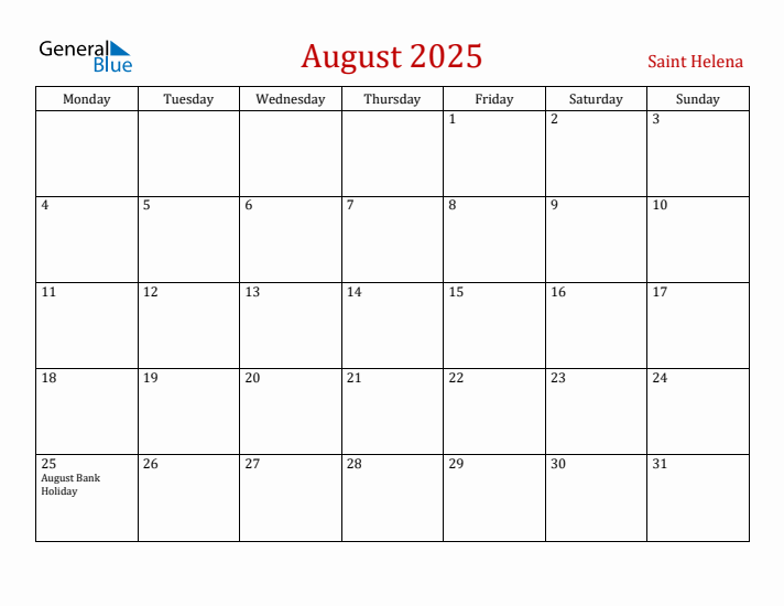 Saint Helena August 2025 Calendar - Monday Start