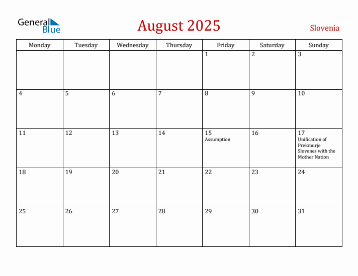 Slovenia August 2025 Calendar - Monday Start