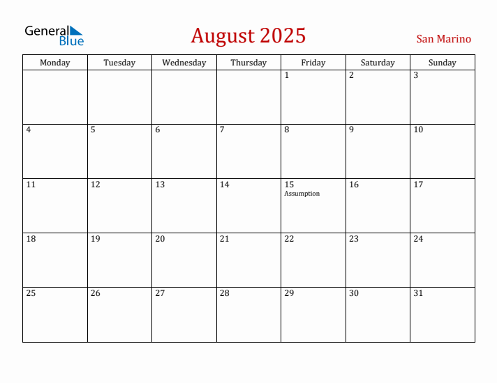 San Marino August 2025 Calendar - Monday Start