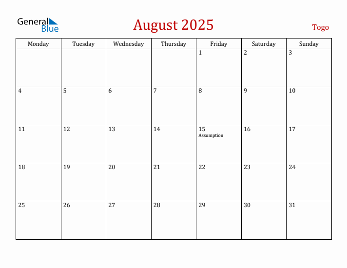 Togo August 2025 Calendar - Monday Start