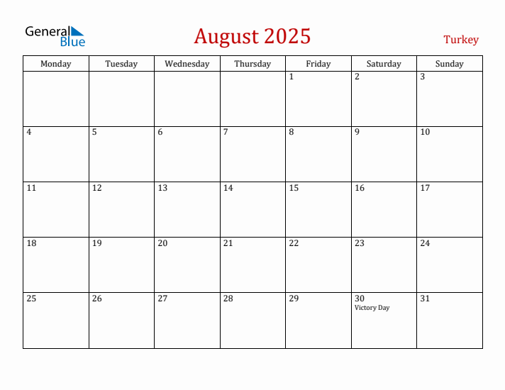 Turkey August 2025 Calendar - Monday Start