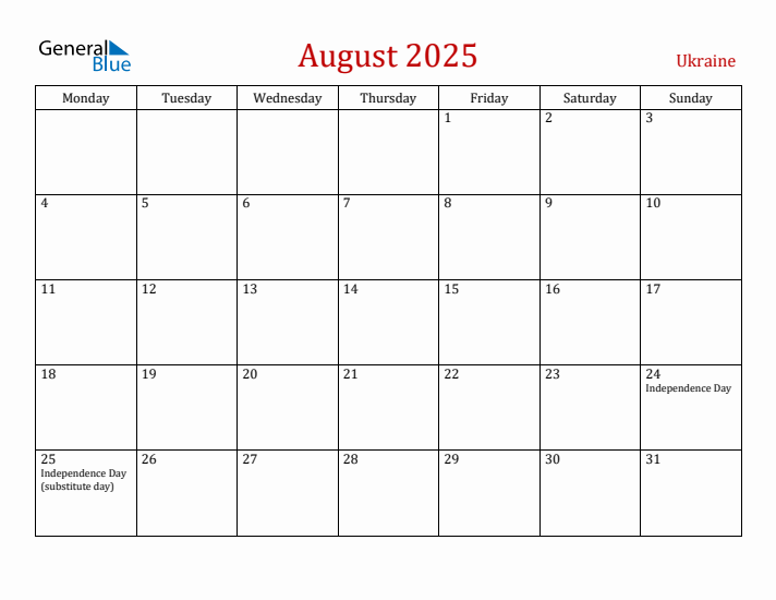 Ukraine August 2025 Calendar - Monday Start