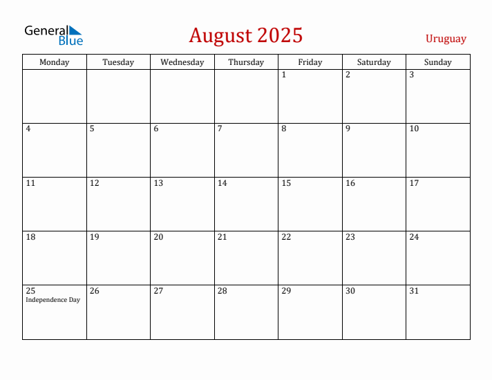 Uruguay August 2025 Calendar - Monday Start