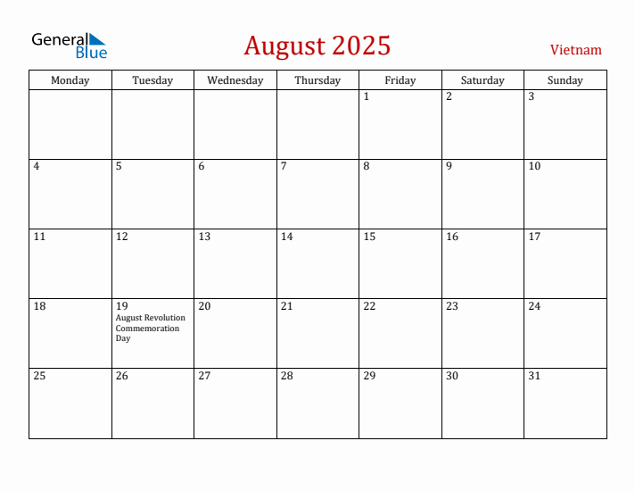 Vietnam August 2025 Calendar - Monday Start
