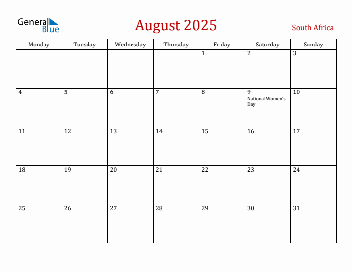 South Africa August 2025 Calendar - Monday Start