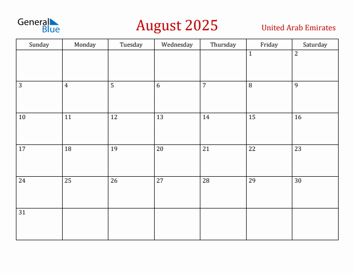 United Arab Emirates August 2025 Calendar - Sunday Start