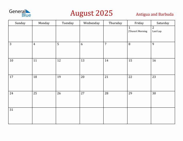 Antigua and Barbuda August 2025 Calendar - Sunday Start