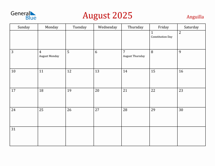 Anguilla August 2025 Calendar - Sunday Start