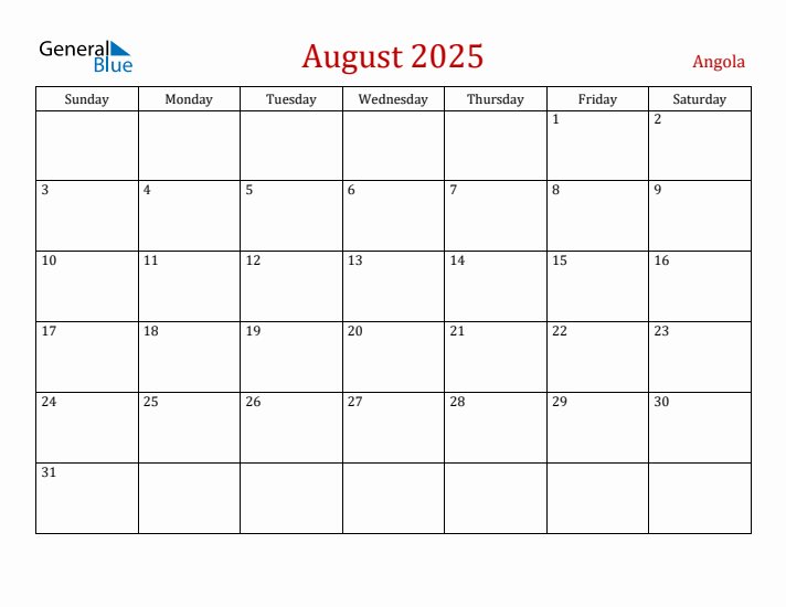 Angola August 2025 Calendar - Sunday Start