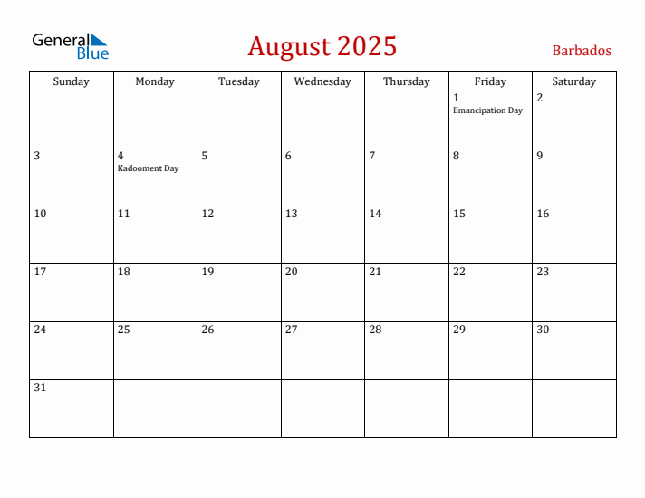 Barbados August 2025 Calendar - Sunday Start