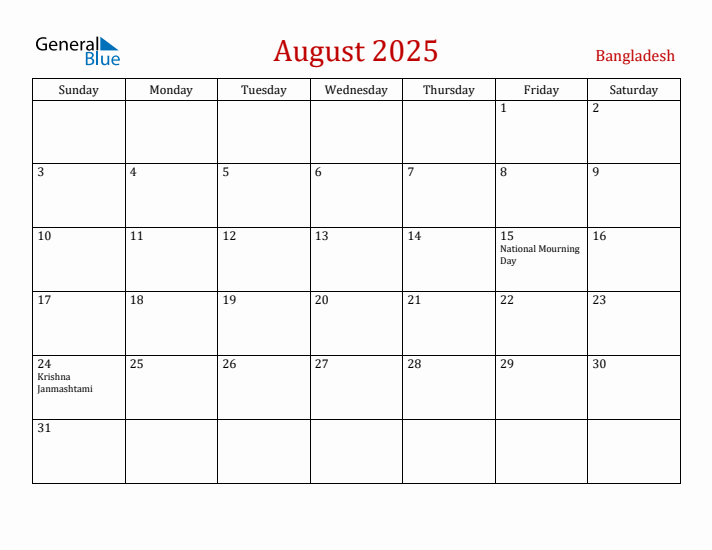 Bangladesh August 2025 Calendar - Sunday Start
