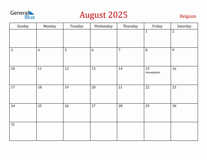 Belgium August 2025 Calendar - Sunday Start