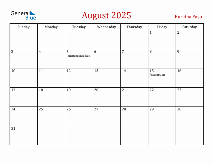 Burkina Faso August 2025 Calendar - Sunday Start