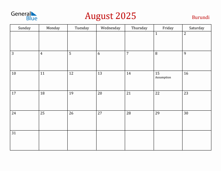 Burundi August 2025 Calendar - Sunday Start