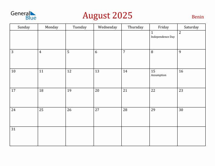 Benin August 2025 Calendar - Sunday Start