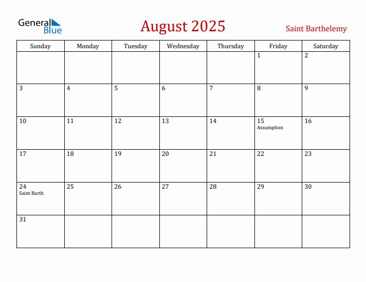Saint Barthelemy August 2025 Calendar - Sunday Start