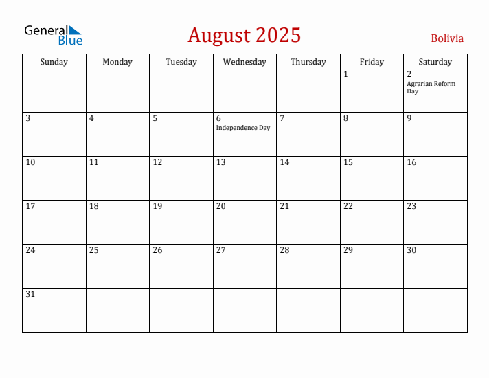 Bolivia August 2025 Calendar - Sunday Start