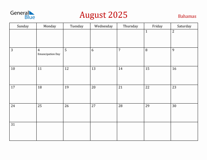 Bahamas August 2025 Calendar - Sunday Start
