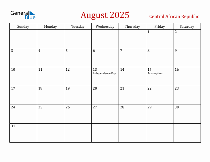 Central African Republic August 2025 Calendar - Sunday Start