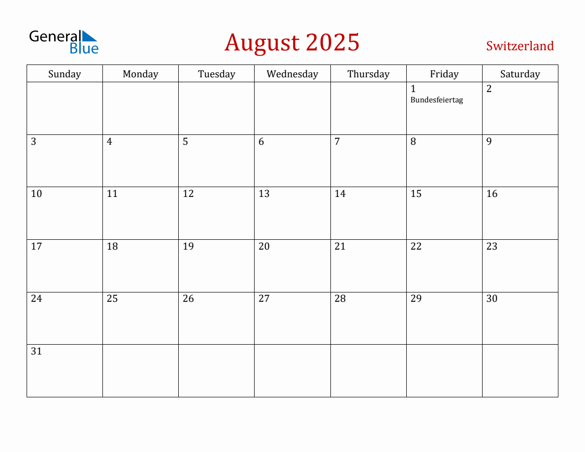 August 2025 Switzerland Monthly Calendar with Holidays