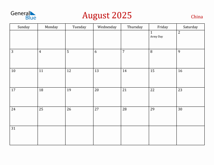 China August 2025 Calendar - Sunday Start