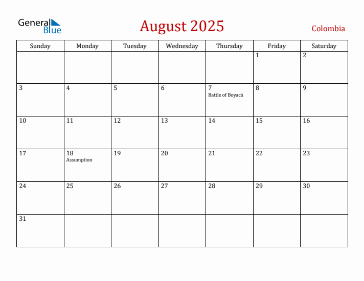 Colombia August 2025 Calendar - Sunday Start