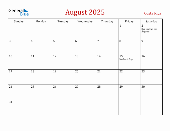 Costa Rica August 2025 Calendar - Sunday Start