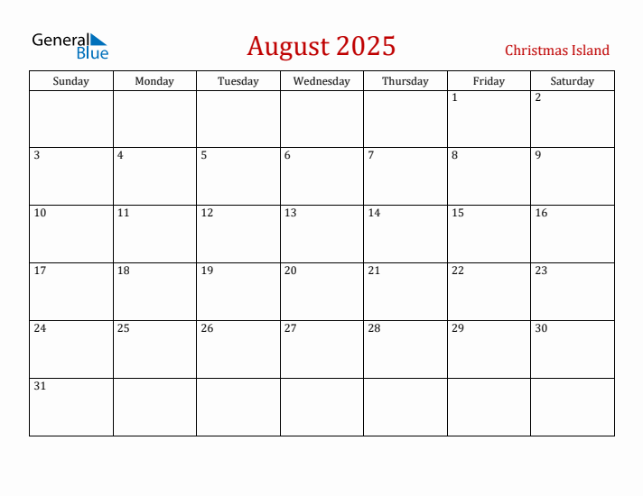 Christmas Island August 2025 Calendar - Sunday Start
