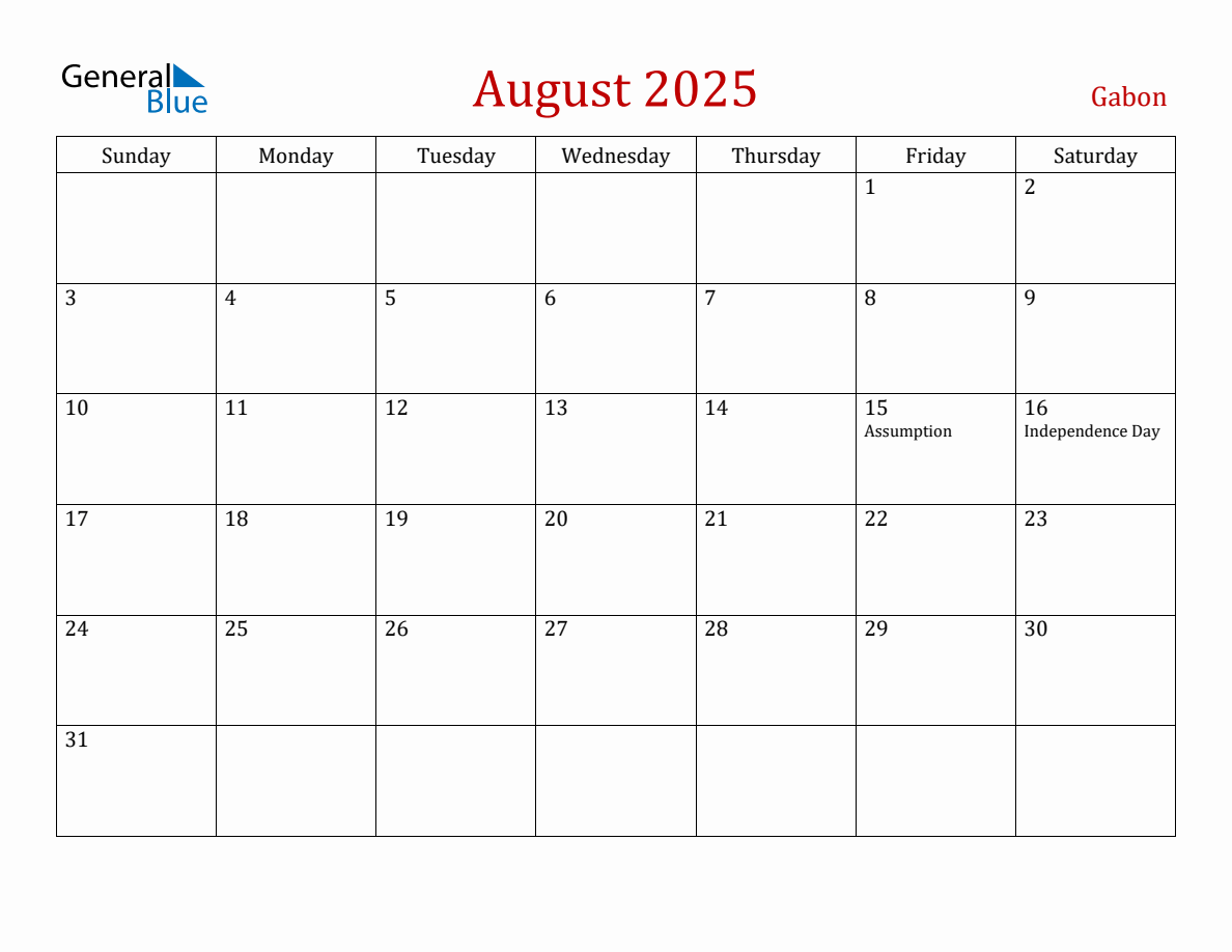 August 2025 Gabon Monthly Calendar with Holidays