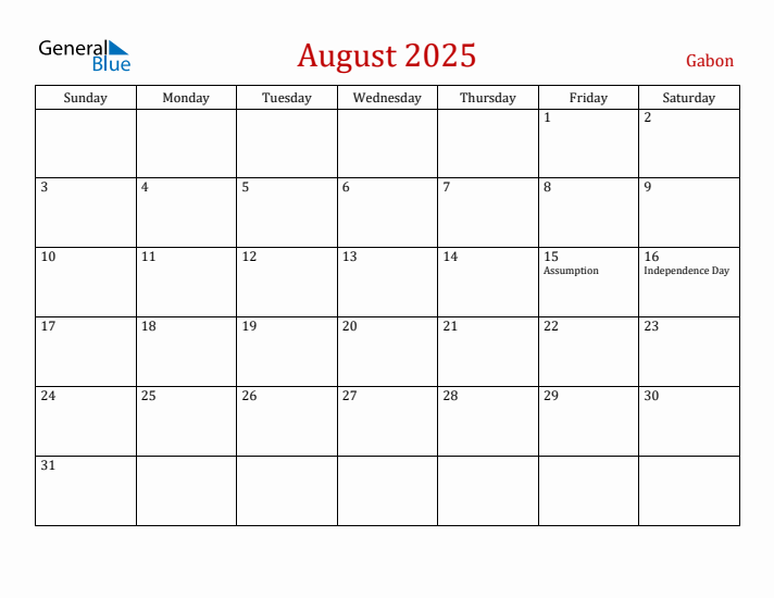 Gabon August 2025 Calendar - Sunday Start