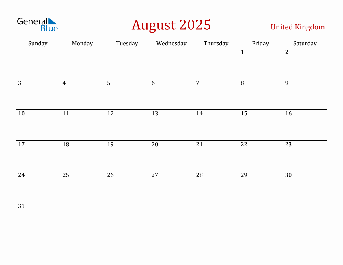 August 2025 United Kingdom Monthly Calendar with Holidays
