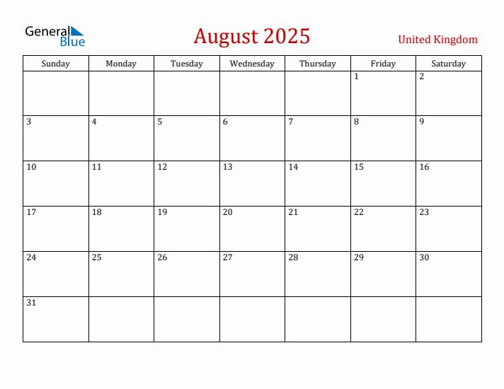 United Kingdom August 2025 Calendar - Sunday Start