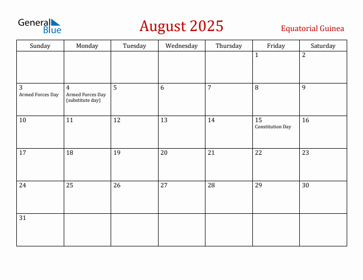 Equatorial Guinea August 2025 Calendar - Sunday Start