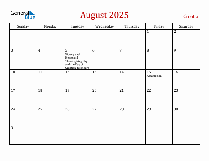 Croatia August 2025 Calendar - Sunday Start