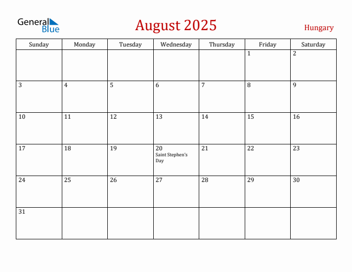 Hungary August 2025 Calendar - Sunday Start