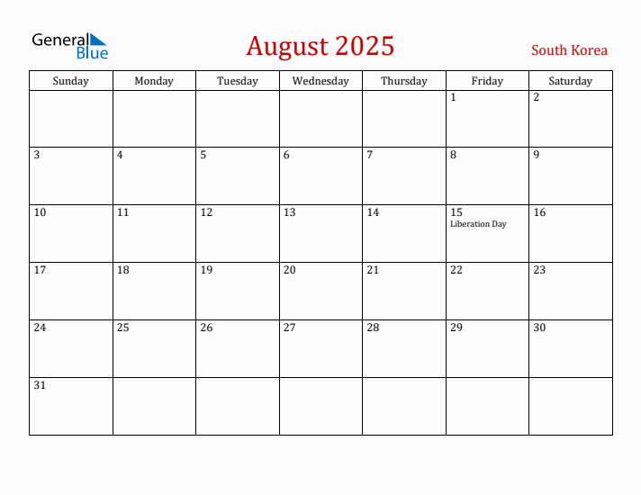 South Korea August 2025 Calendar - Sunday Start