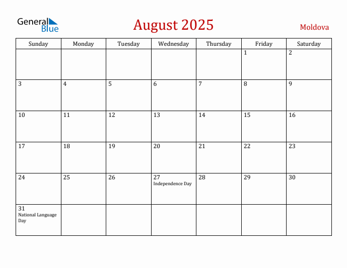 Moldova August 2025 Calendar - Sunday Start