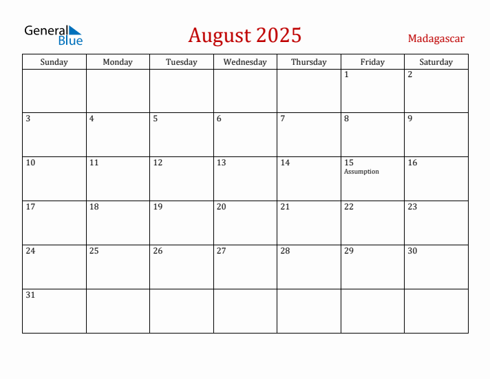 Madagascar August 2025 Calendar - Sunday Start