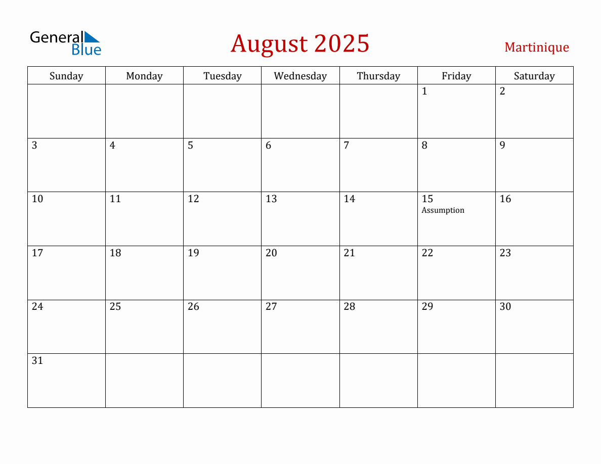 August 2025 Martinique Monthly Calendar with Holidays