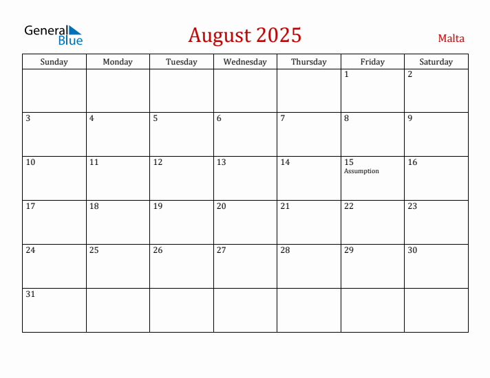Malta August 2025 Calendar - Sunday Start