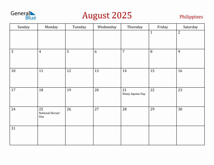 Philippines August 2025 Calendar - Sunday Start