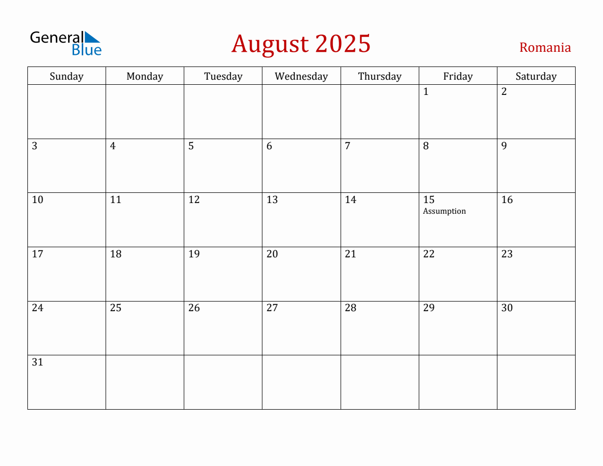 August 2025 Romania Monthly Calendar with Holidays