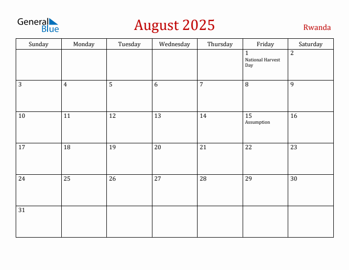 Rwanda August 2025 Calendar - Sunday Start